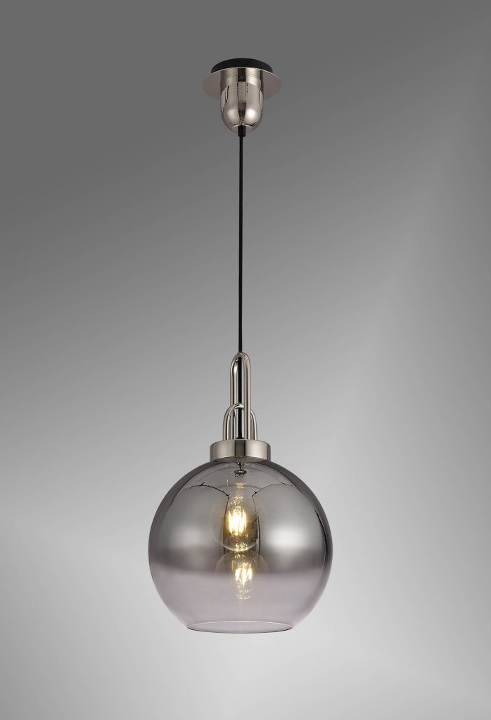 Single Polished nickel Pendant with round Smoked Glass