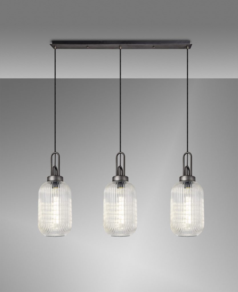 Triple bar pendant Aged Pewter with Clear Tubular Glass