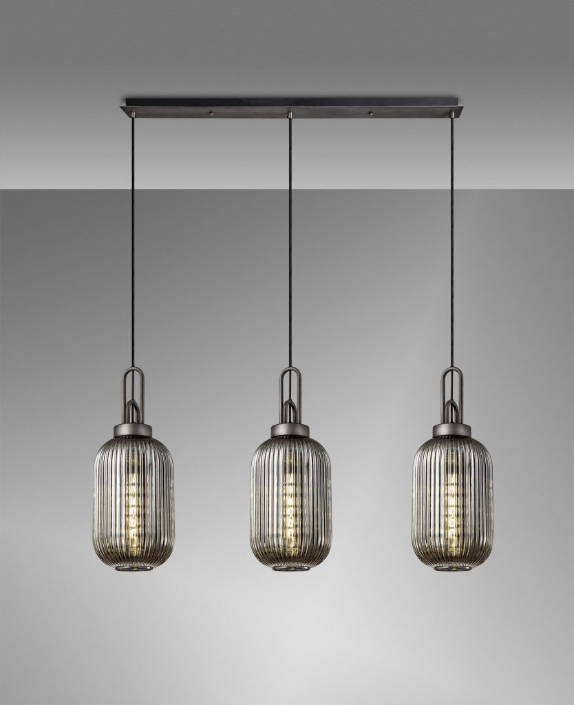 Triple bar pendant Aged Pewter with Smoked Tubular Glass