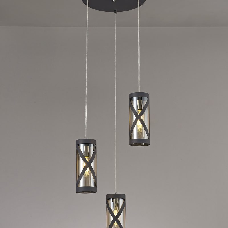 200322 Nive 3 Light Pendant Matt Grey/Glass