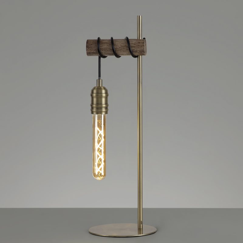 300952 Tube 1 Light Wooden Table Lamp Oak/Antique Brass