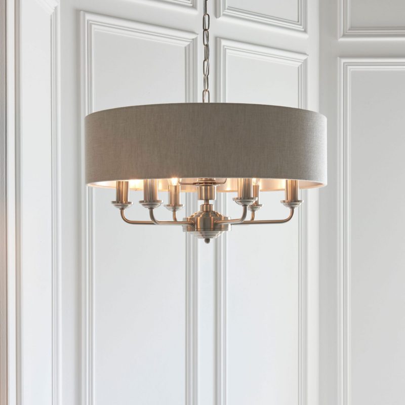 3194357 Claire 6 Light Brushed Chrome Pendant With Natural Shade