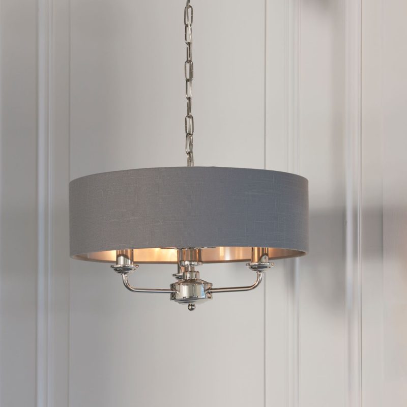 3194377 Claire 3 Light Bright Nickel Pendant With Charcoal Drum Shade