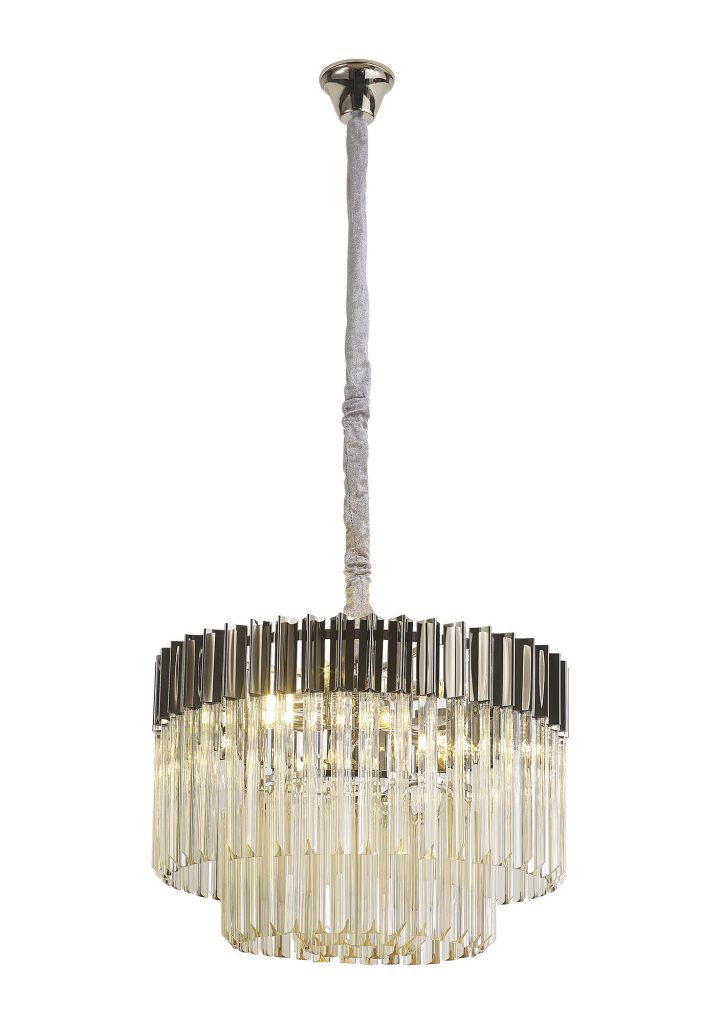 400656 Shard 8 Light pendant Polished Nickel with Cognac Glass