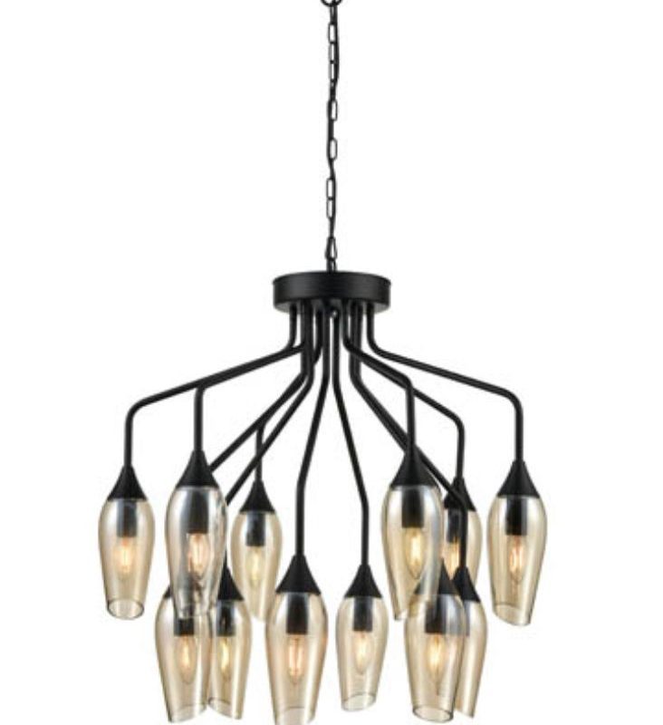 Franklite FL2420/12/346 Taper 12 Light Modern Matt Black Pendant With Pale Amber Glass