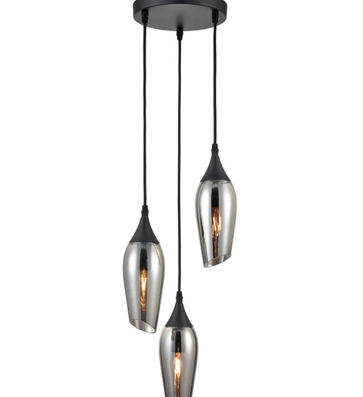 Franklite FL2420-3/345 Taper 3 Light Modern Matt Black Pendant With Smoked Glass