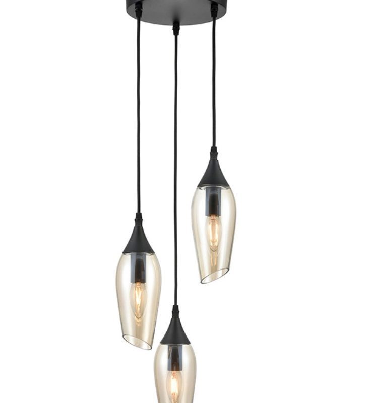Franklite FL2420-3/346 Taper 3 Light Modern Matt Black Pendant With Pale Amber Glass