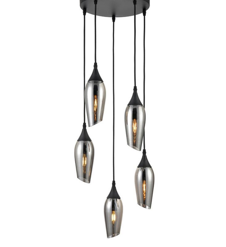 Franklite FL2420-5/345 Taper 5 Light Modern Matt Black Pendant With Smoked Glass
