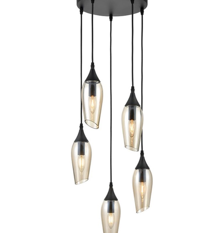 Franklite FL2420-5/346 Taper 5 Light Modern Matt Black Pendant With Pale Amber Glass