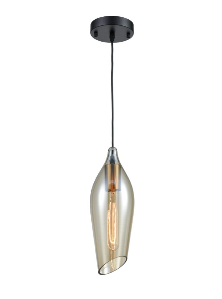 Medium single pendant matt black With Pale Amber Glass