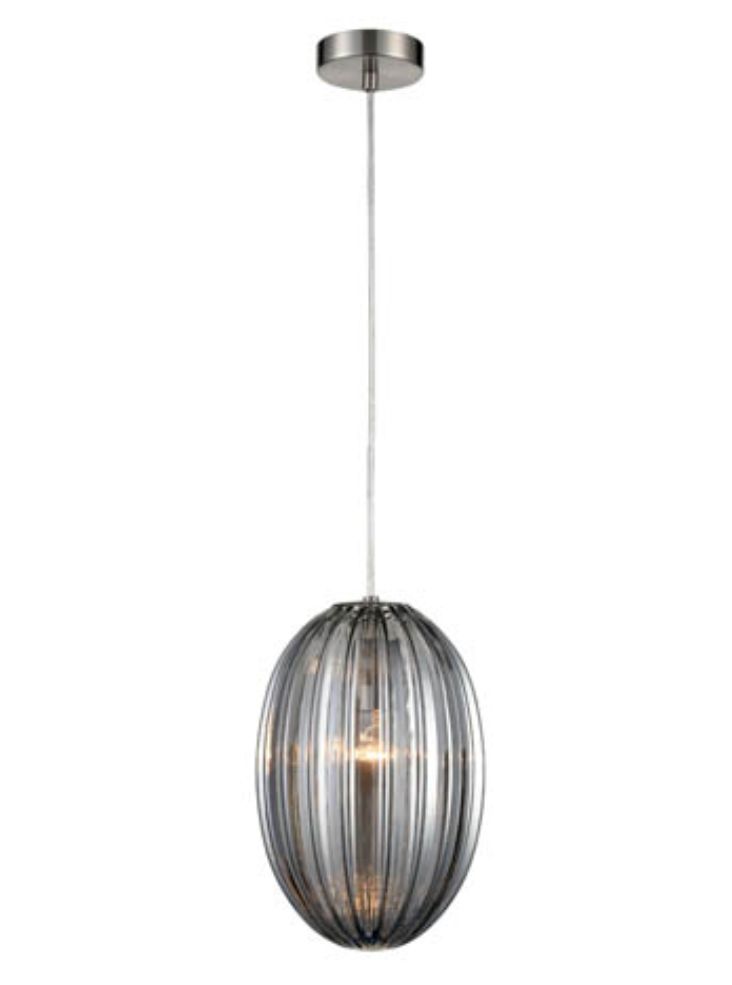 Large Single pendant satin nickel With Ribbed Smoked Glass