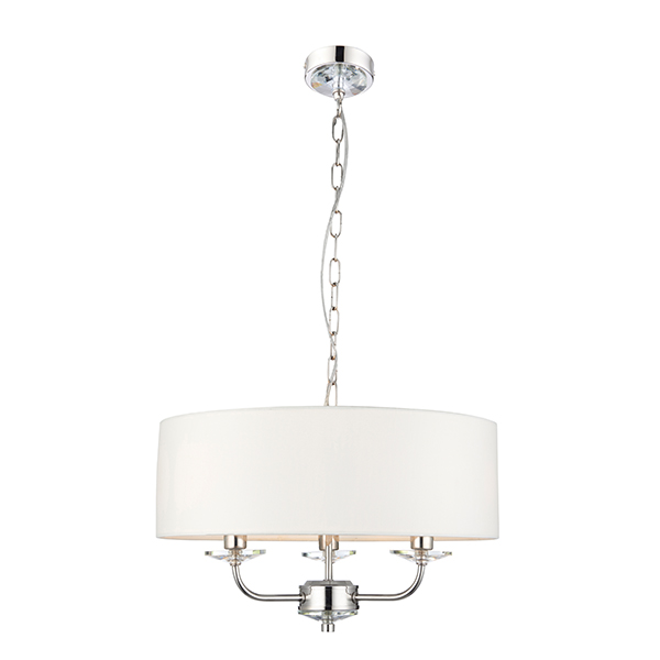 3160129 Abbey 3 Light Bright Nickel Pendant with white shade