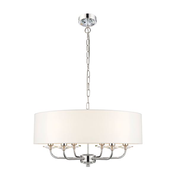 3160179 Abbey 6 Light Bright Nickel Pendant with white shade