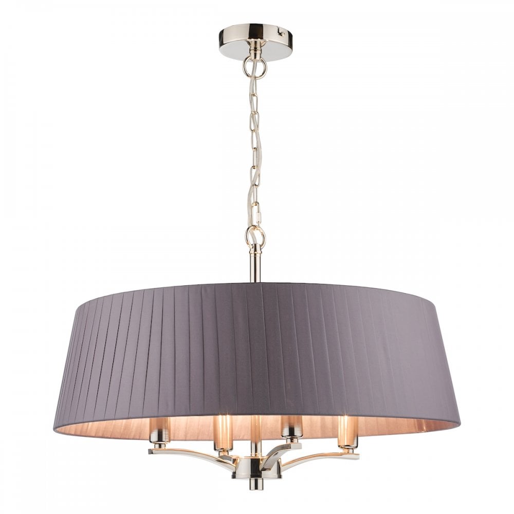 4 arm Pendant Polished Nickel with Grey Shade