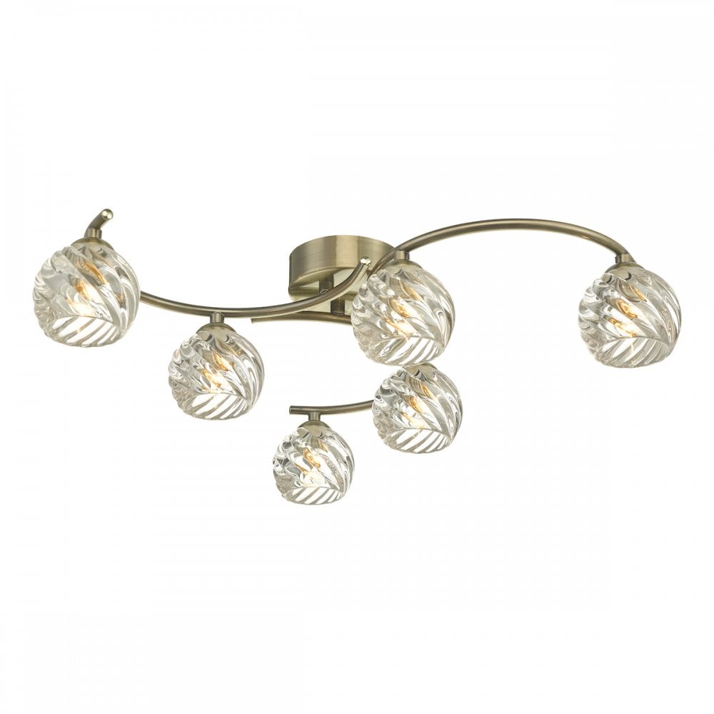 6 Light Ceiling Light Antique Brass with twisted glass