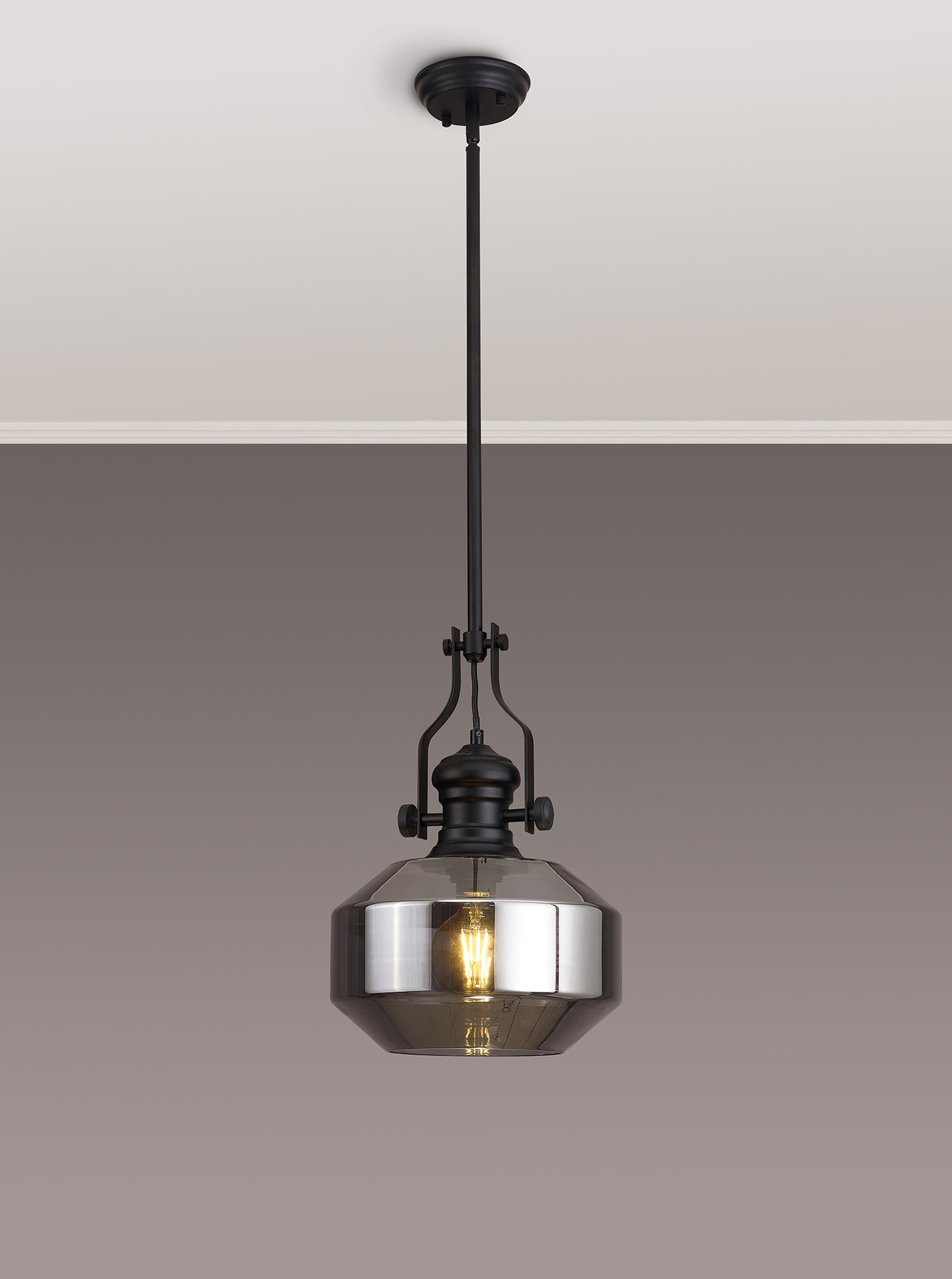 Single Pendant Matt Black with Smoked Glass
