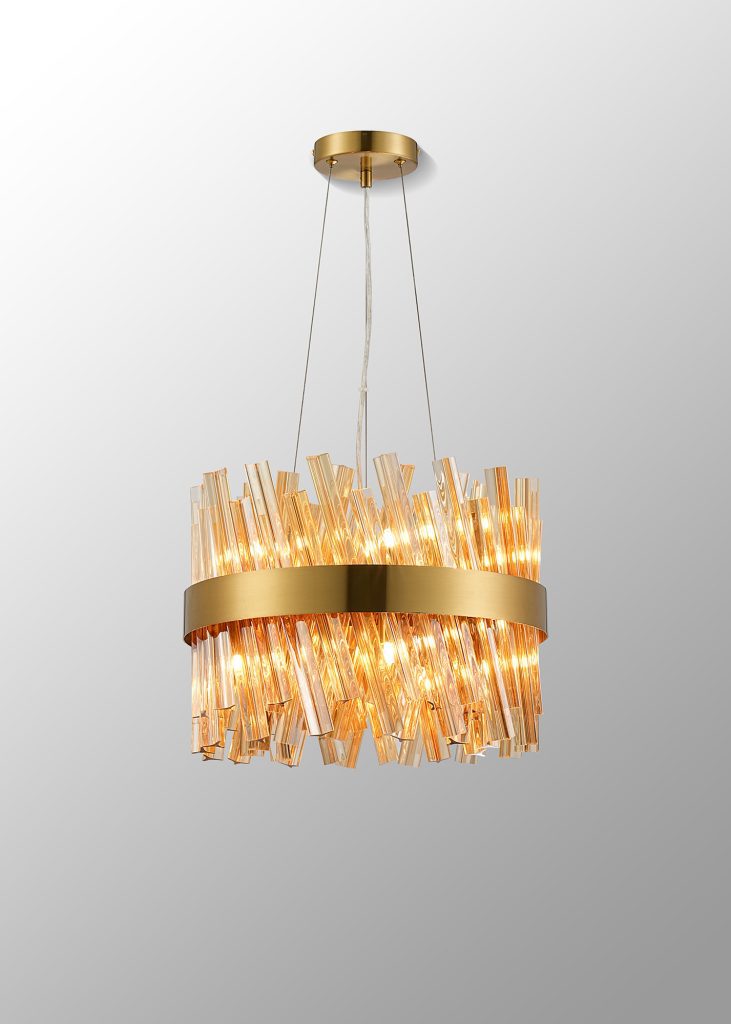4002564 Cali 10 Light Pendant Brass with Amber Glass