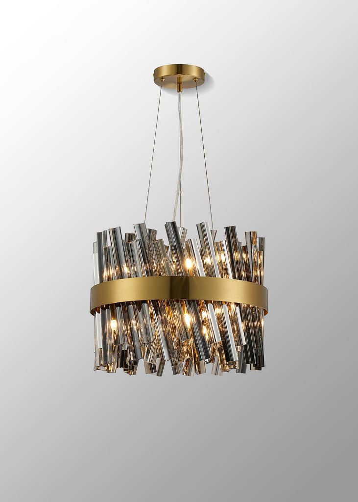 Cali 10 Light Pendant Brass with Smoked Glass