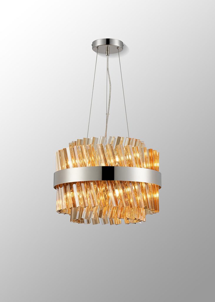 4002564 Cali 10 Light Pendant Polished Nickel with Amber Glass