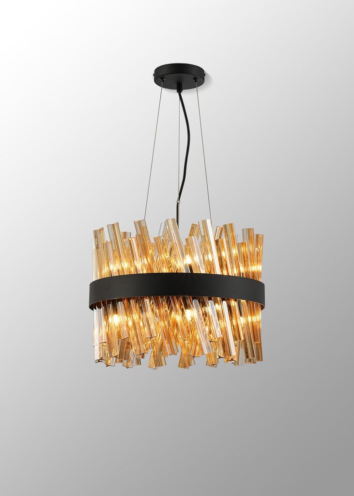4002571 Cali 10 Light Pendant Satin Black with Amber Glass