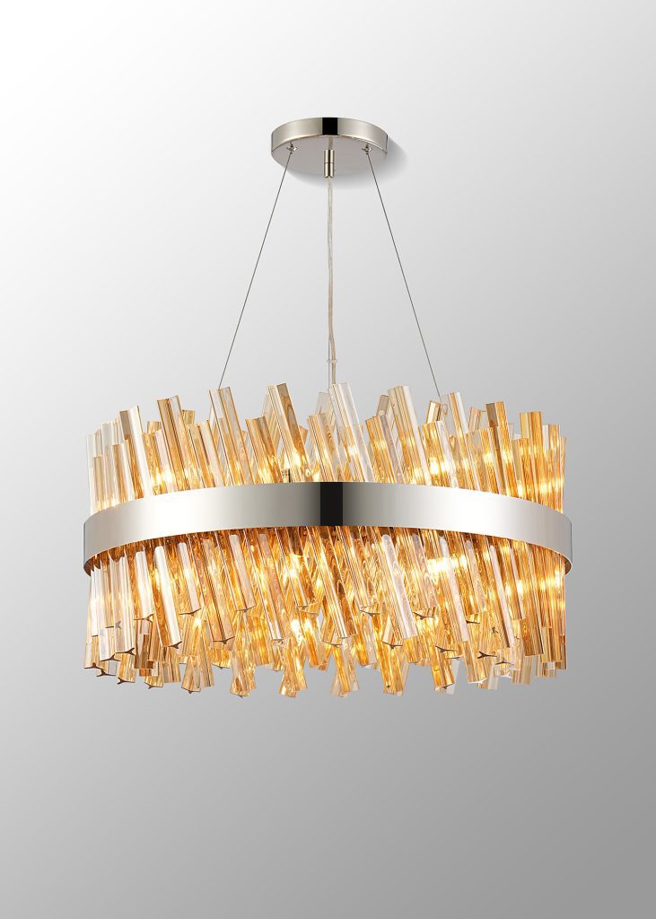 4002591 Cali 18 Light Pendant Polished Nickel with Amber Glass