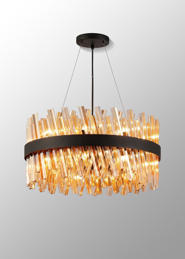 4002594 Cali 18 Light Pendant Satin Black with Amber Glass
