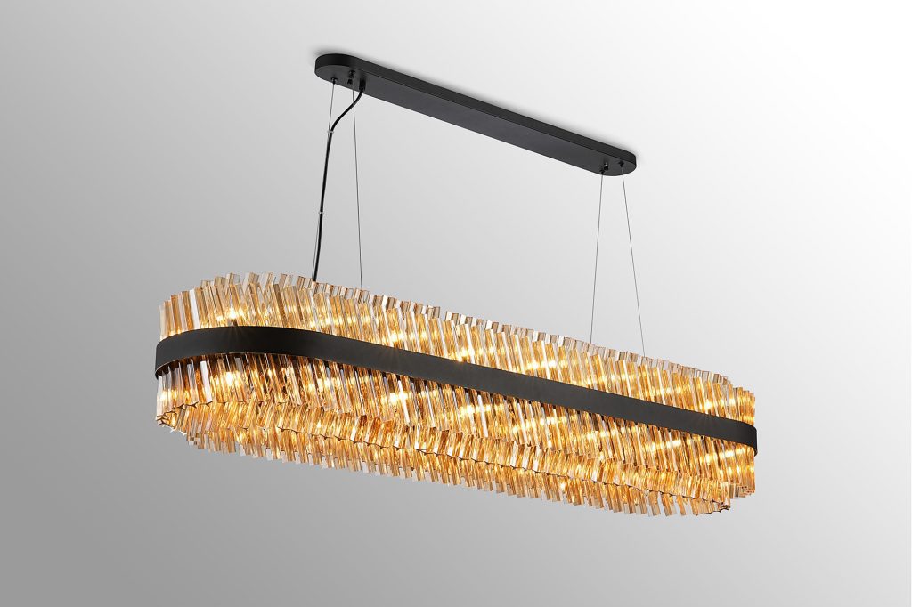 Cali 36 Light Oblong Pendant Satin Black with Amber Glass