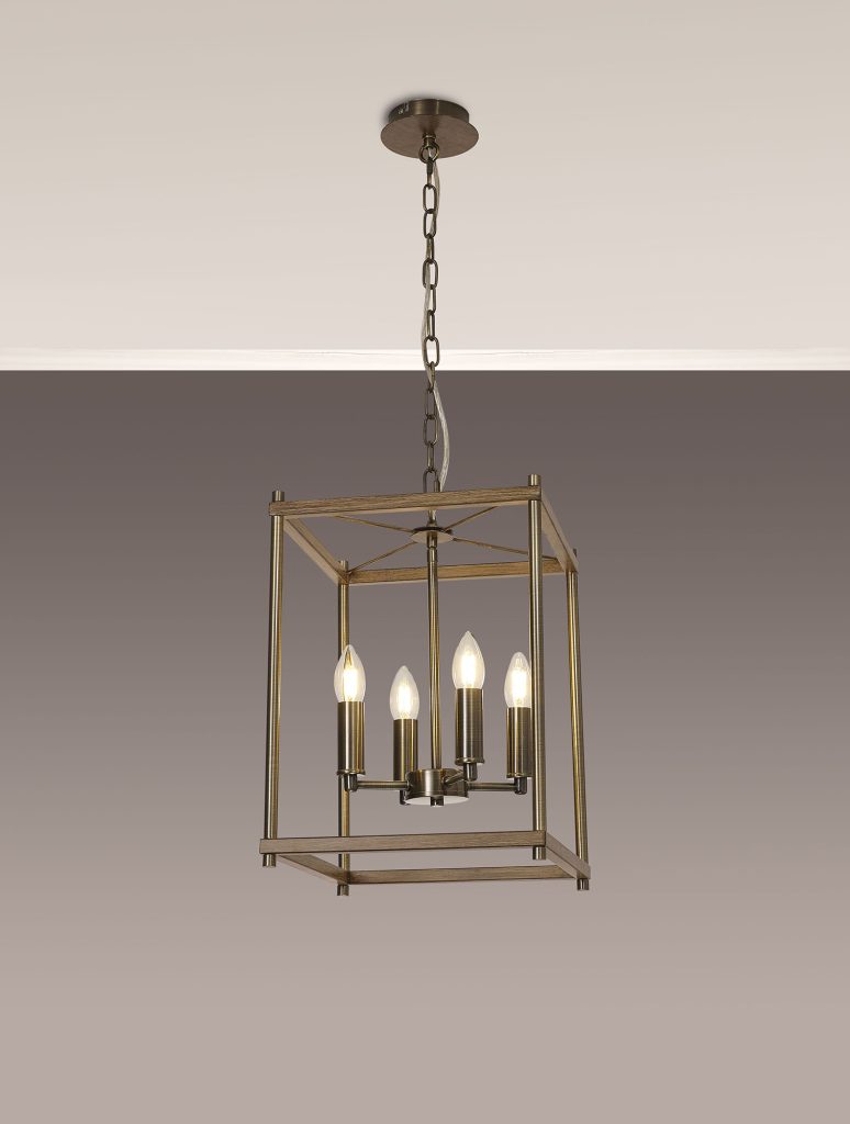 4 Light Lantern Antique Brass with Oak