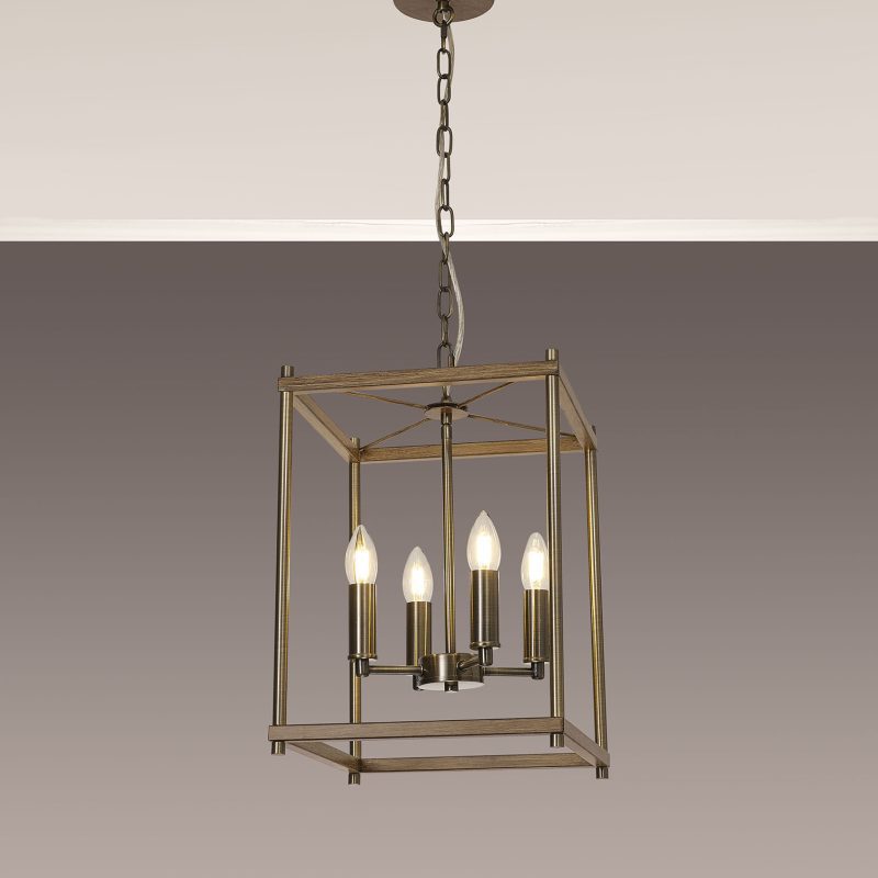 4 Light Lantern Antique Brass with Oak