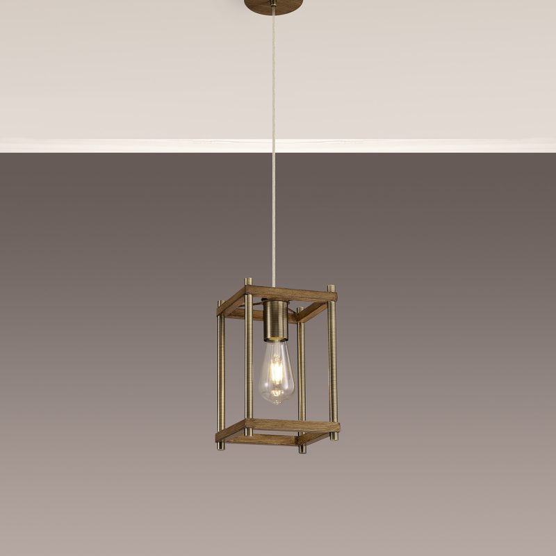 1 Light Lantern Antique Brass and Oak