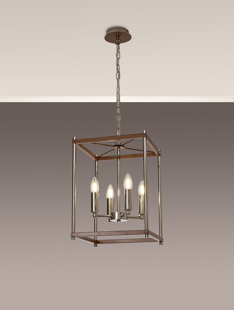 4 Light Lantern Brushed Nickel and Walnut