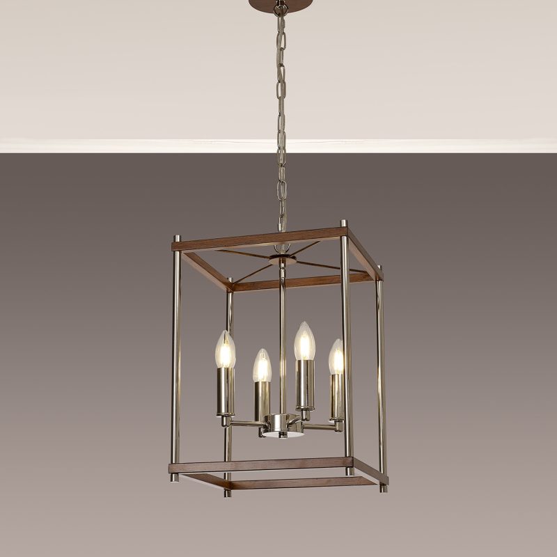 4 Light Lantern Brushed Nickel and Walnut