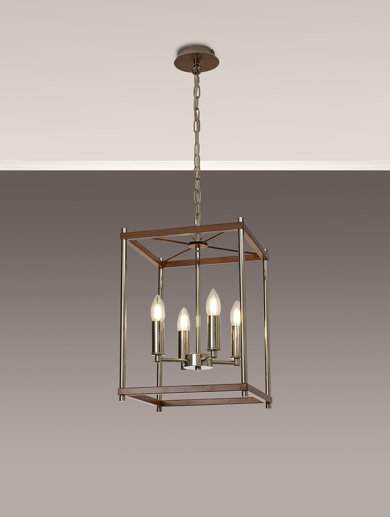 4 Light Lantern Brushed Nickel and Walnut