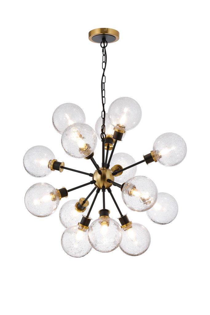 Seeta 14 Light Ceiling Pendant Brass and Matt Black Crackled Clear Glass