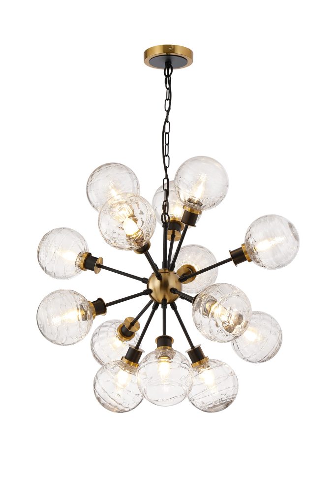 14 Light Ceiling Pendant Brass and Matt Black Clear Glass
