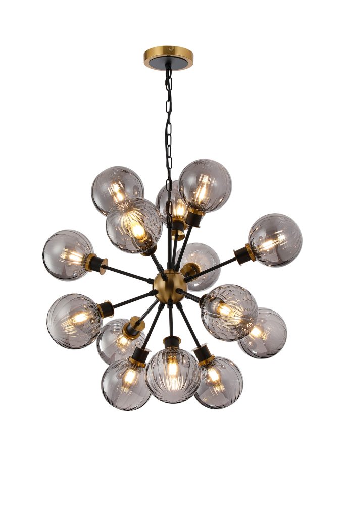 5001591 Seeta 14 Light Ceiling Pendant Brass and Matt Black Smoked Glass
