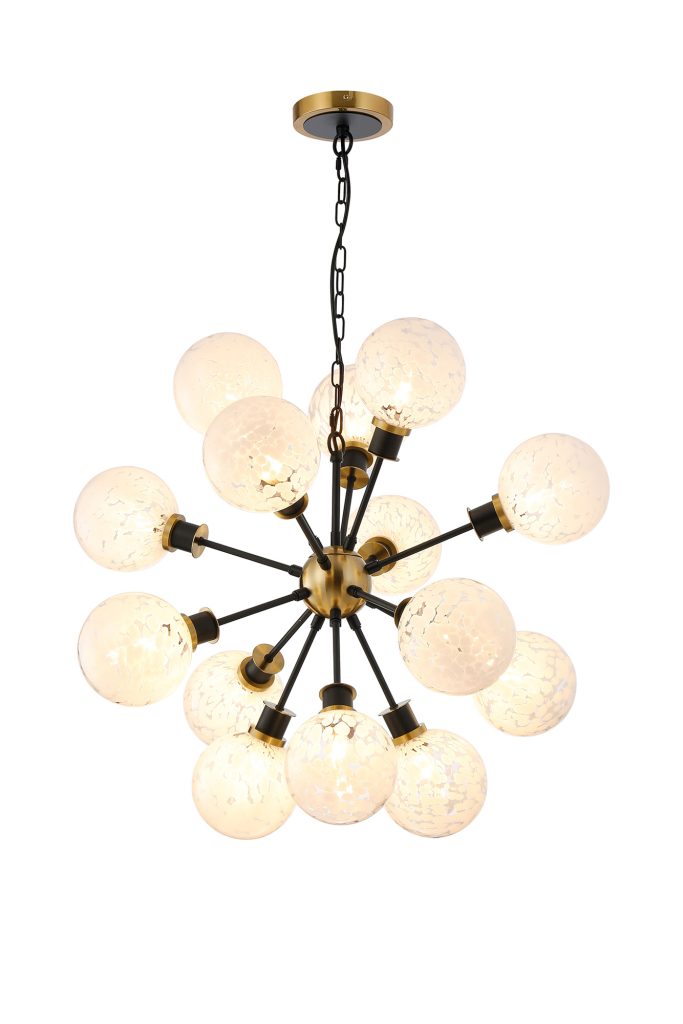 5001593 Seeta 14 Light Ceiling Pendant Brass and Matt Black Speckled White Glass