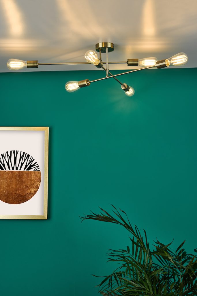 Matt Black Ceiling Light | 6Lt Flush Antique Brass